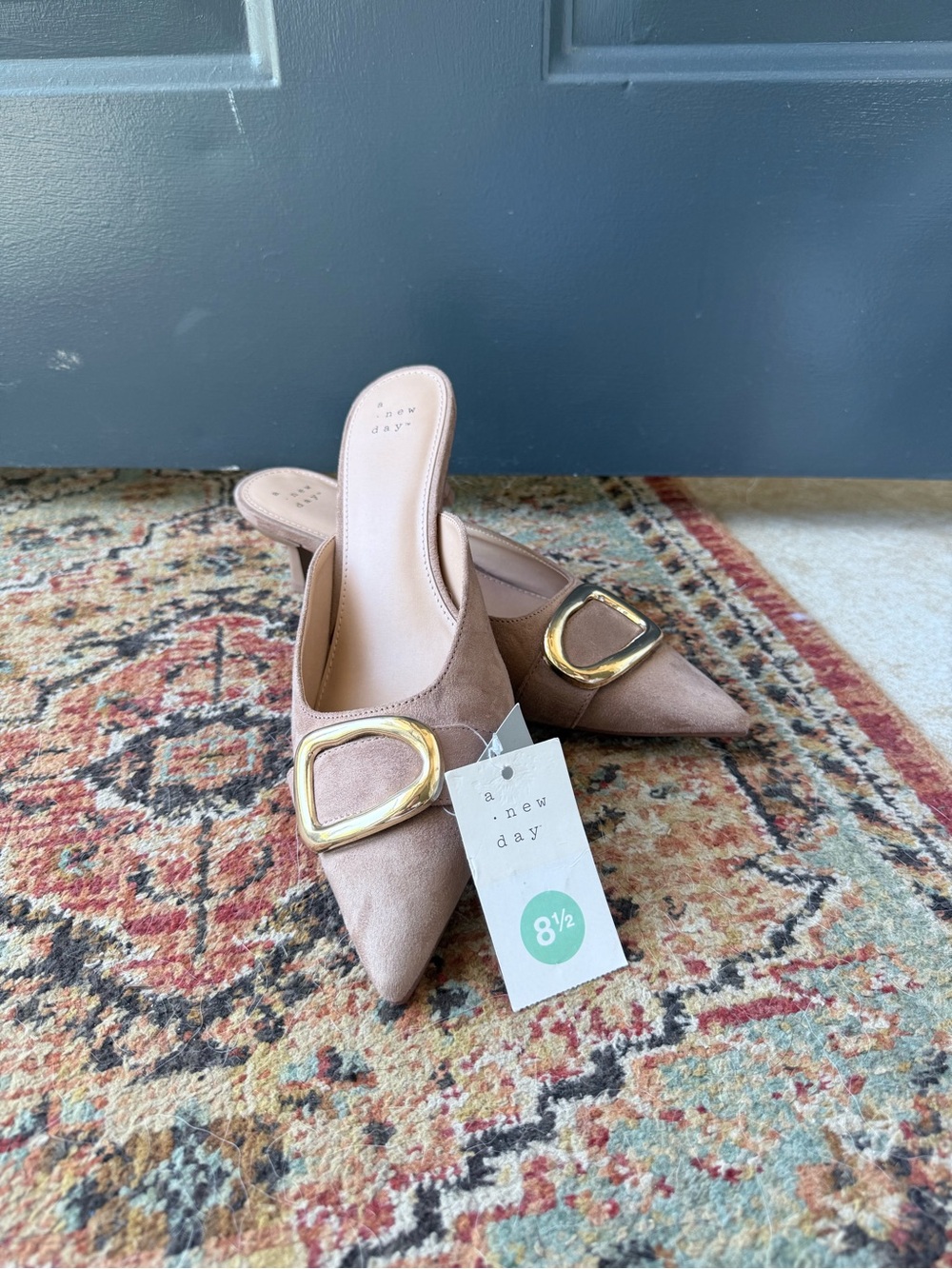 A New Day Tan Pointed-Toe Suede Slip On Kitten Heel with Gold Accent